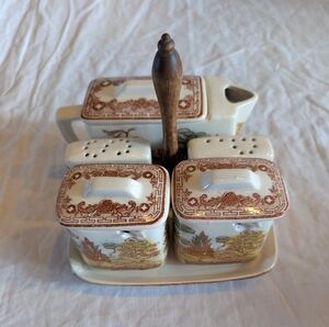 2/90$ Vintage  Ceramic Condiment Set (Creamer, Sugar And Salt/Pepper)